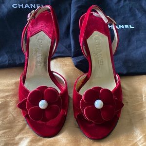 CHANEL RED VELVET STILETTOS!
